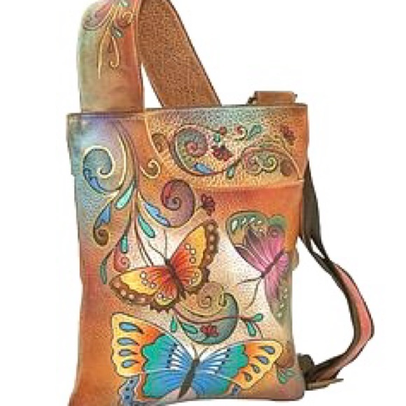 Vintage Handbags - Butterfly bag hand painted Anuschka purse bohemian travel messenger bag